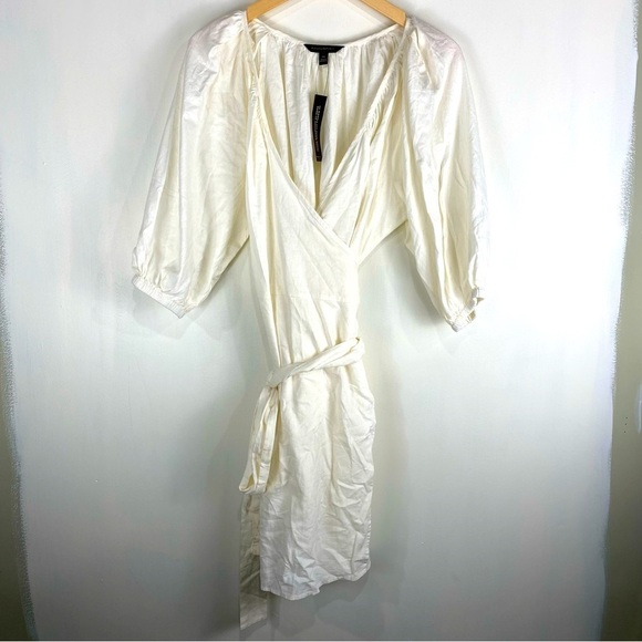 Banana Republic Linen Blend True Wrap Tie‎ Waist Puff Sleeve Mini Dress M (NWT) - Picture 1 of 9
